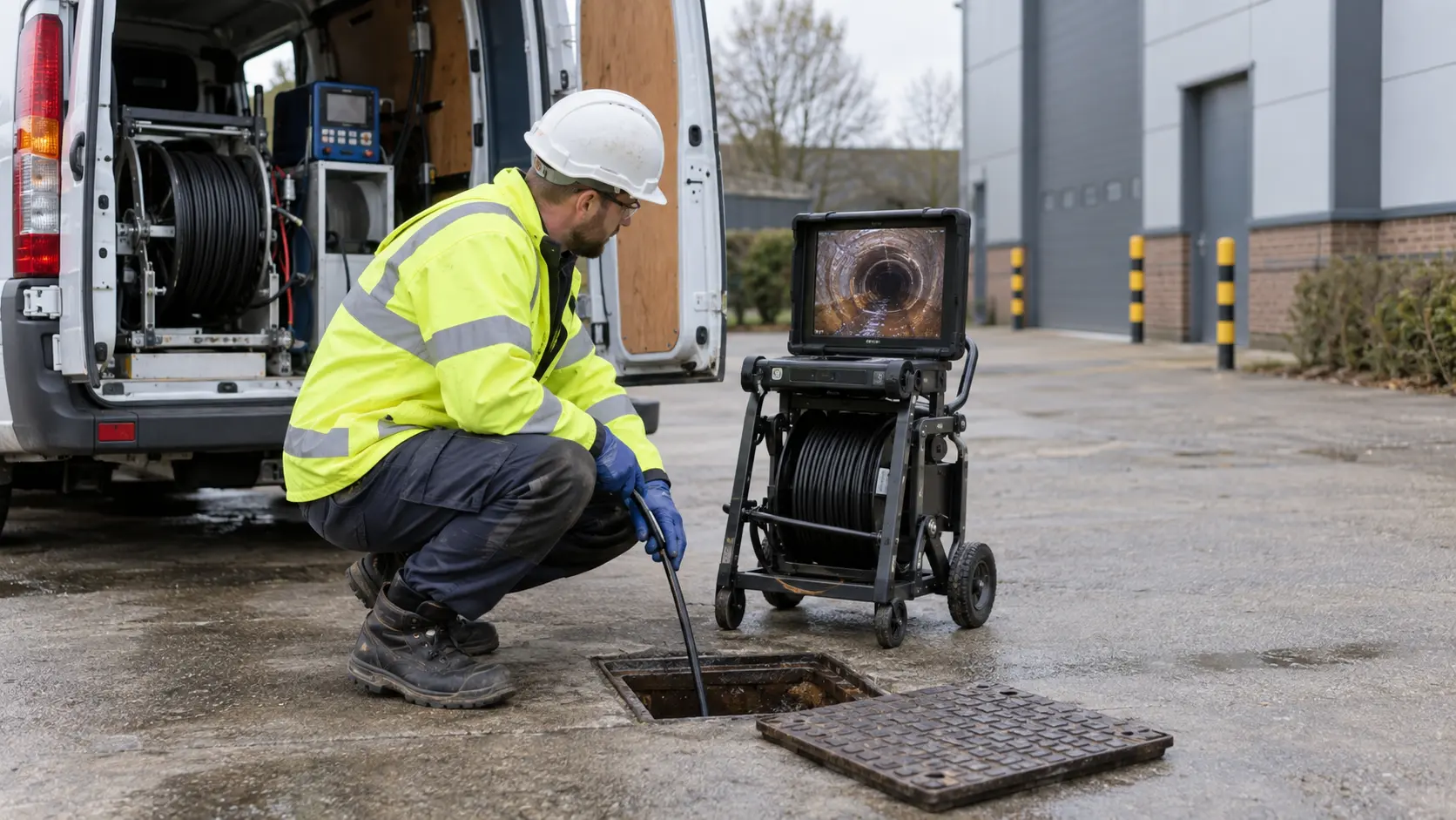 Drainage engineer carrying out a CCTV camera survey beside a survey van